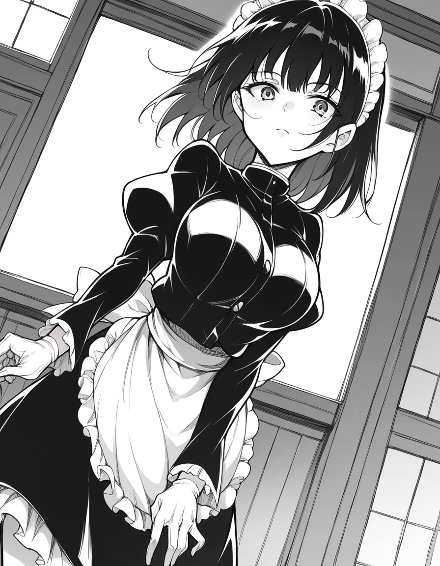 score_9, score_8_up, score_7_up, source_anime,
tsubakirurikawa, <lora:tsubaki-rurikawa-manga-ponyxl-lora-nochekaiser:1>,
tsubaki rurikawa, bangs, large breasts, monochrome, greyscale,
skirt, gloves, long sleeves, dress, frills, puffy sleeves, white gloves, apron, maid, maid headdress, juliet sleeves, maid apron,
indoors, bent over,
looking at viewer, solo, cowboy shot, dutch angle,