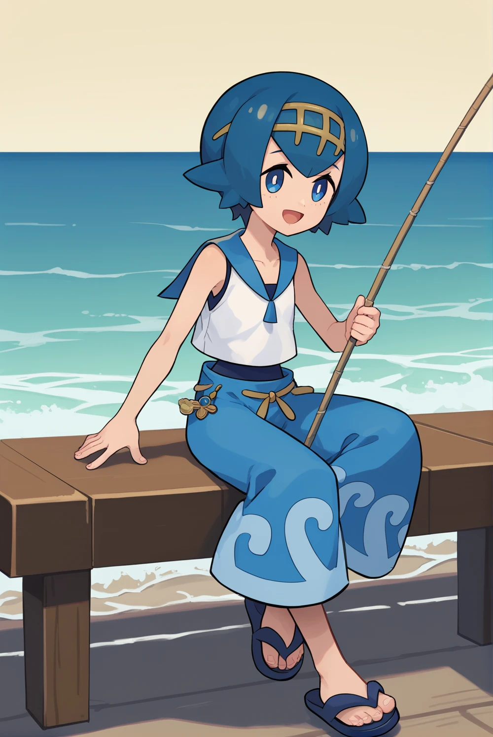 Score_9, Score_8_up, score_7_up, score_6_up, solo, 1lana1, blue hair, short hair, blue eyes, 2default2, yellow hairband, swimsuit under clothes, white shirt, sleeveless shirt, sailor collar, blue pants, baggy pants, wave pattern pants, sandals, full body, blue swimsuit, sitting on wooden pier, ocean, smile, open mouth, holding fishing pole, holding fish<lora:EMS-383009-EMS:0.800000>