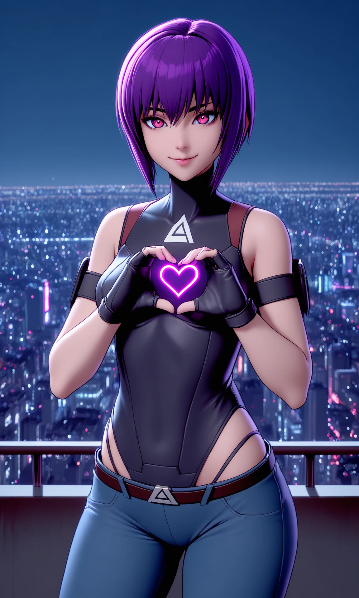 (masterpiece:1.2), (best quality:1.2), newest, (intricate details, very aesthetic, highres), good hands, 1girl, <lora:sd_xl_dpo_lora_v1-128dim:1>, <lora:motoko_2045:1> motoko2045xl, purple hair, short hair, lips, cyborg, pink eyes, medium breasts, fingerless gloves, black gloves, black leotard, highleg leotard, hip vent, blue pants, arm strap, bare shoulders, belt, kusanagi motoko, heart hands, smile, looking at viewer, cowboy shot, night, cityscape, tokyo \(city\), night, cyberpunk, science fiction,