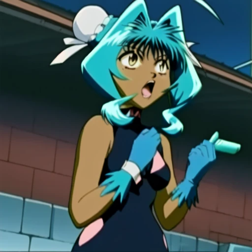 double bun, 1girl, dark-skinned female, dark skin, retro artstyle, gloves, bun cover, open mouth, solo, hair bun