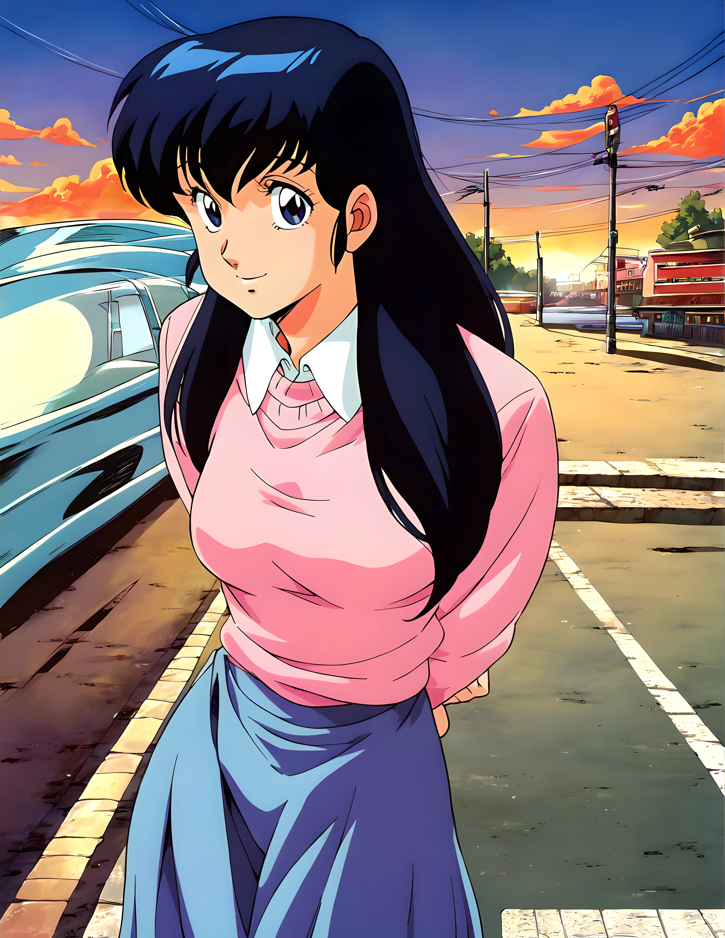 <lora:pony_xl_otonashikyoko:0.8>,kyoko,score_9,score_8_up,score_7_up,source_anime,1girl,solo,looking at viewer,city,streetscapes in the 1980 s,asphalt pavement,pavement,lamppost,power_lines,orange sky,dusk,pink sweater,white collared shirt,long_skirt,blue skirt,cowboy_shot,front view,standing,smile,:d,arms_behind_back,