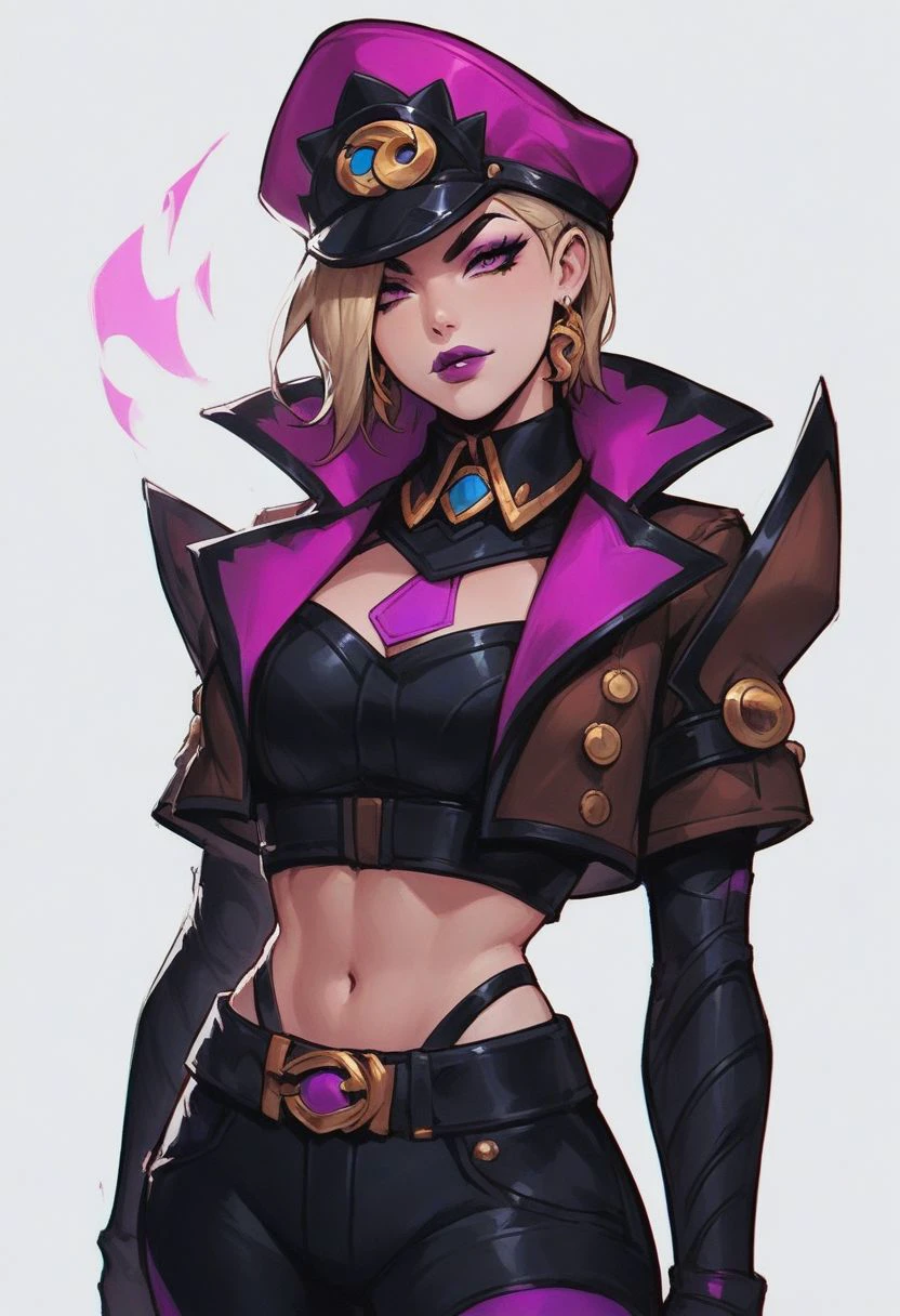 score_9, score_8_up, score_7_up, score_6_up, soul fighter evelynn,1girl, cropped jacket, hat, pants, short hair, blonde hair, purple lips,source_anime, expressive face, speedlines, dynamic movements, ultra-detailed,highres,8k,perfect body,intricate details,depth of field, glowing, neon, cowboy shot,