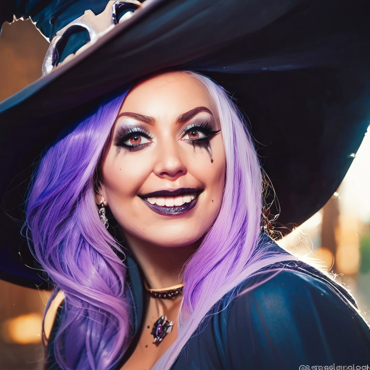 score_9, score_8_up,  1 girl,  <lora:Jessica_Nigri_Cosplayer:1> Jessica Nigri, score_9,  smiling, goth makeup, purple hair, witch hat, headshot,