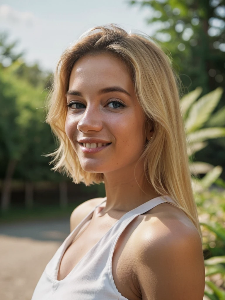 Realistic photo of a beautiful n4t4l144 woman,1girl, solo, long hair, looking at viewer, smile, blue eyes, (((blonde hair))), simple background, bare shoulders, teeth, grin, (((yellow dress))), from side, black background, portrait, face close-up, realistic, professional Photography, Photorealistic, detailed, RAW, analog, sharp focus, high quality, film grain<lora:n4t4l144:1.0>