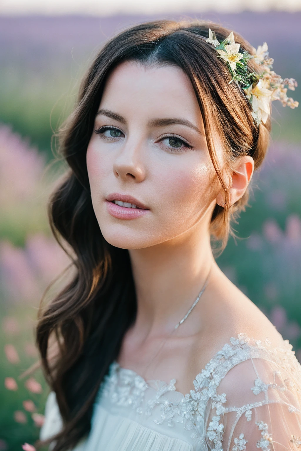 KateB_SoloTI_v1,
(In a flowing dress of soft lilac chiffon, adorned with delicate lace and adorned with sparkling crystals, for a dreamy and enchanting look), (Amidst a field of wildflowers in full bloom, where the gentle breeze carries the scent of lavender and the song of birds fills the air, a sense of purity and innocence surrounds the ethereal figure of Lilies:1.3), (seductive:1.3),(analog, cinematic, film grain, hazy atmosphere, cinematic shot:1.3),
<lora:add_detail:0>,<lora:LowRa:0>, PA7_Portrait-MCU,