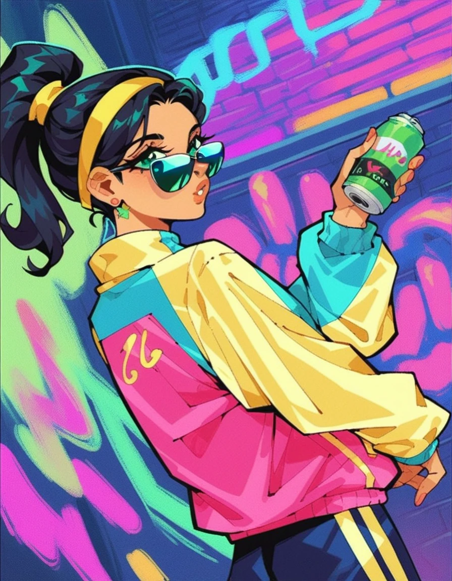 vaporwave style score_9, score_8_up, score_7_up, score_6_up, score_5_up, score_4_up, 1girl, solo, long black hair updo, hud_jggr, colorful jacket, zipper, pants, hairband, <lora:1980sjoggingsuit:0.8>, standing, curb, graffiti, boombox, sunglasses, spray can, . retro, neon, pixelated, nostalgic