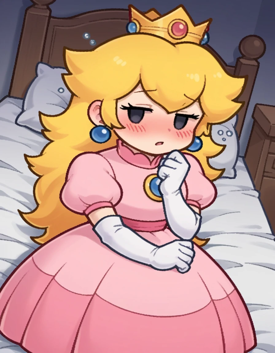 score_9, score_8_up, score_7_up, source_anime,
princesspeach, <lora:paper-peach-ingame-ponyxl-lora-nochekaiser:0.8>,
peach, long hair, blonde hair, chibi, solid oval eyes, no sclera, black eyes, eyelashes,
gloves, dress, jewelry, earrings, elbow gloves, crown, pink dress,
indoors, bed, bed room, on side, blush, drunk,
looking at viewer, solo, dutch angle, cowboy shot,