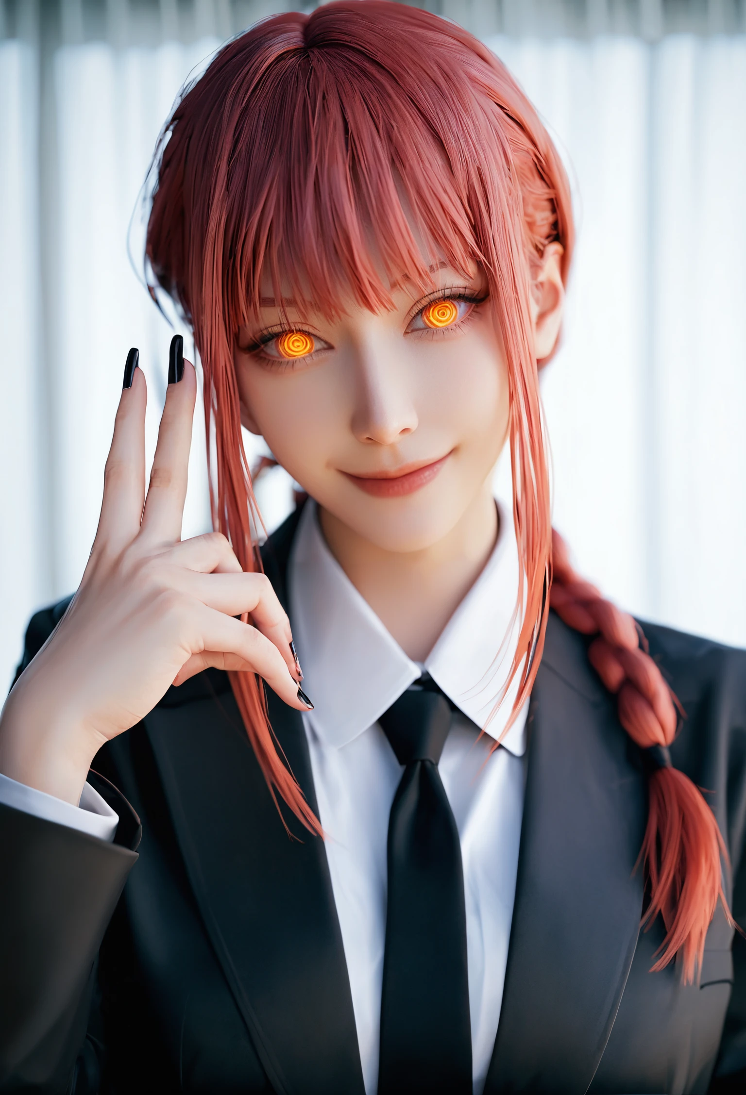 score_9, score_8_up, score_7_up, i want the whole image to be created in 3D anime style, 1girl, solo, long hair, looking at viewer, smile, bangs, shirt, long sleeves, jacket, yellow eyes, white shirt, upper body, braid, sidelocks, red hair, necktie, collared shirt, nail polish, black jacket, orange eyes, glowing, formal, suit, black nails, glowing eyes, black necktie, braided ponytail, ringed eyes, business suit, makima (chainsaw man)