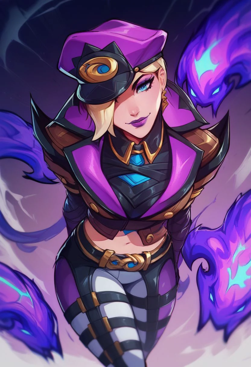 score_9, score_8_up, score_7_up, score_6_up, soul fighter evelynn,1girl, cropped jacket, hat, pants, blue eyes,short hair, blonde hair, purple lips,source_anime, expressive face, speedlines, dynamic movements, ultra-detailed,highres,8k,perfect body,intricate details,depth of field, glowing, neon,