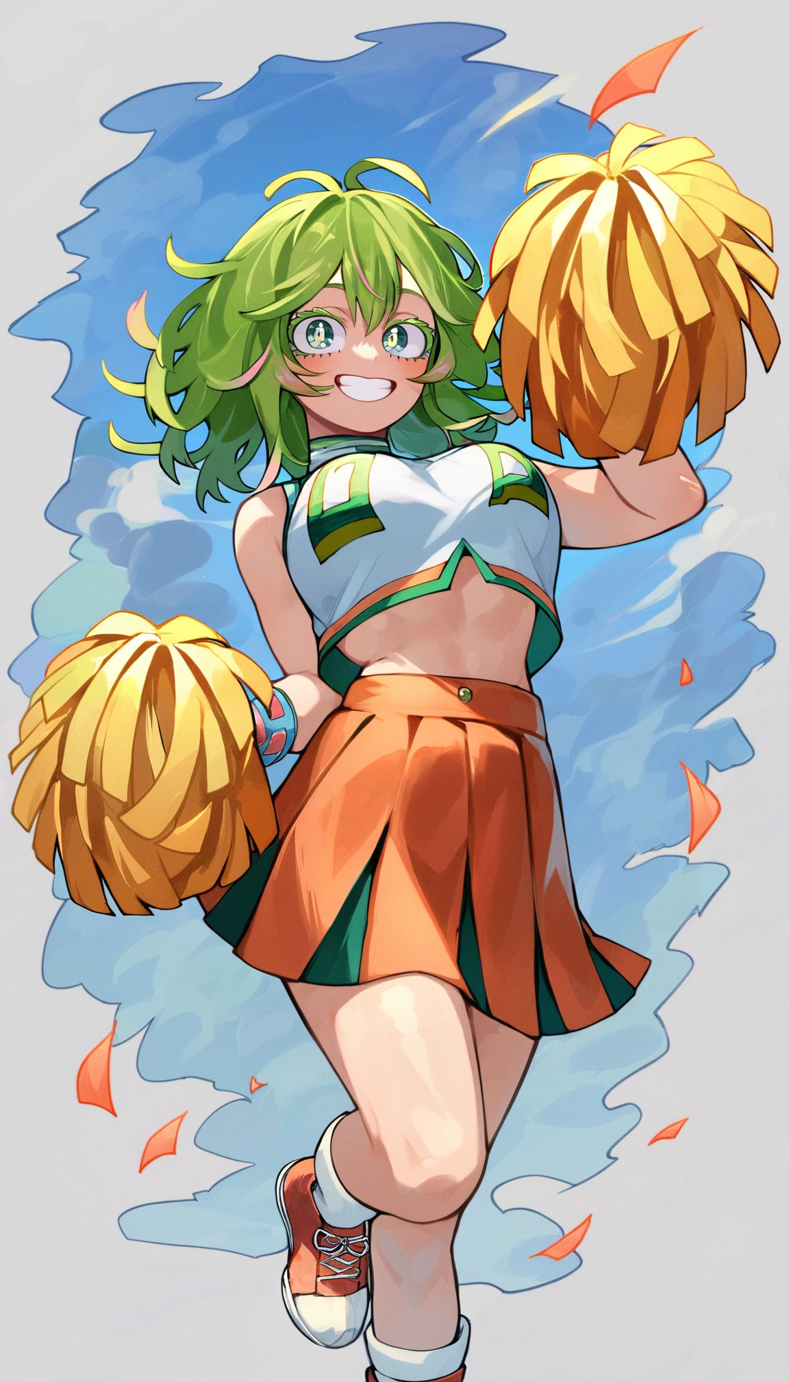 score_9, score_8_up, score_7_up, score_6_up, score_5_up, hagakure_tooru, 1girl, large breasts, u.a._cheerleader_uniform, croptop, pom_pom_(cheerleading), midriff, miniskirt, orange_skirt, standing, thighs, source_anime, blue gloves, smile, solo, boku no hero academia, colored eyelashes, streaked hair, full body, outdoors, blue sky