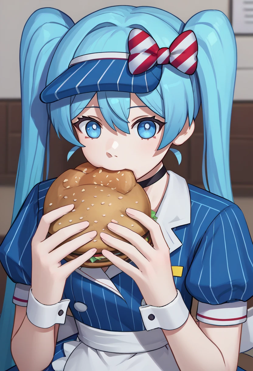 score_9, score_8_up, score_7_up, source_anime, solo, 1girl, mesmerizermiku, jermaWhopper, eating, burger, looking at you, upper body, twintails, hair bow, striped bow, visor cap, blue eyes, frills, blue dress, vertical-striped dress, buttons, puffy short sleeves, wrist cuffs, waist apron, frilled apron, black choker, indoors <lora:vocaloid_mesmerizermiku_ponyXL:1> <lora:jermawhopper-pdxl-nvwls-v1:1>