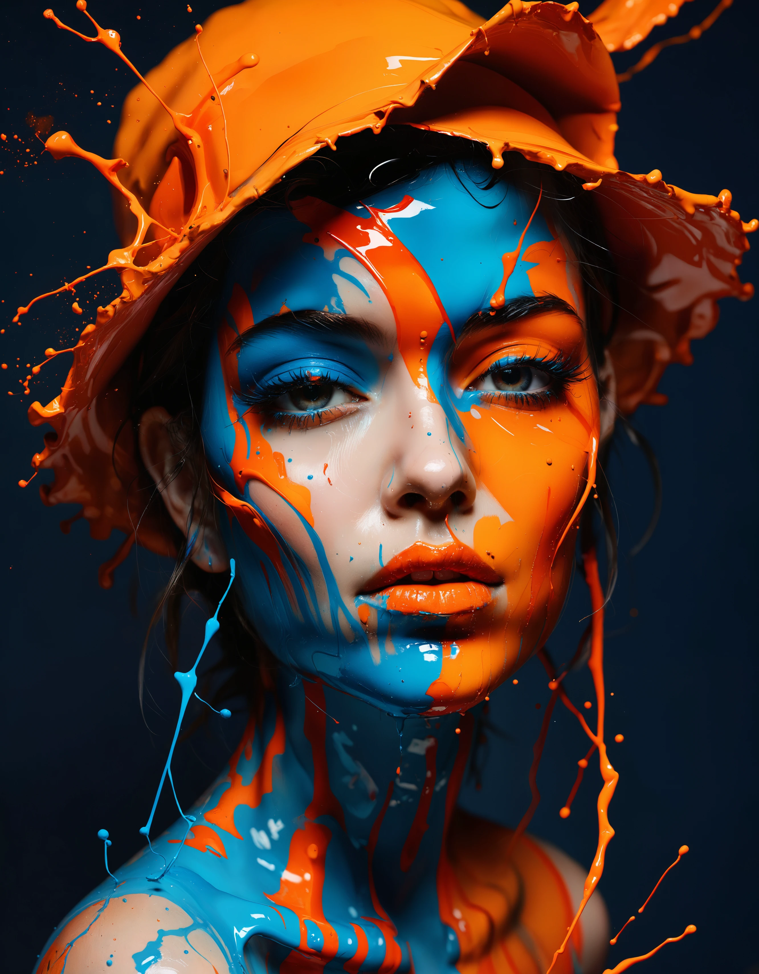 zavy-splsh, paint splash, Abstract style painting of a woman's face with orange and blue paint, by Sam Spratt, alberto seveso and dan mccaw, behance favourite, behance. polished, by William Berra, best of behance, by James Paick, by Alberto Seveso, saatchi art, masterpiece ; behance hd, kai fine art, detailed facial structure . Non-representational, colors and shapes, expression of feelings, imaginative, highly detailed