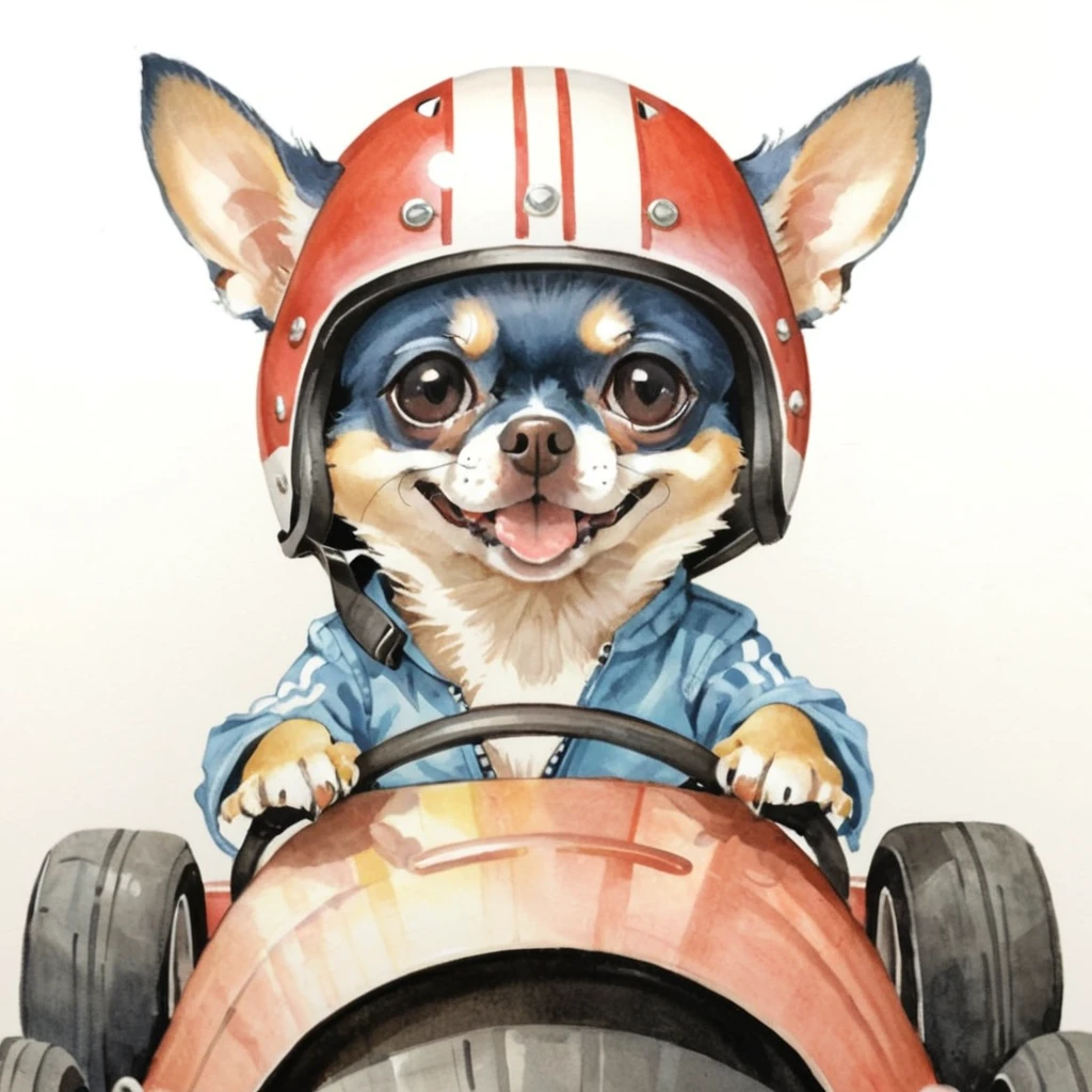 cute chihuahua in go-kart, helmet,  abstract watercolor, csw, black eyes <lora:CSW-Style-2-000017:0.8>