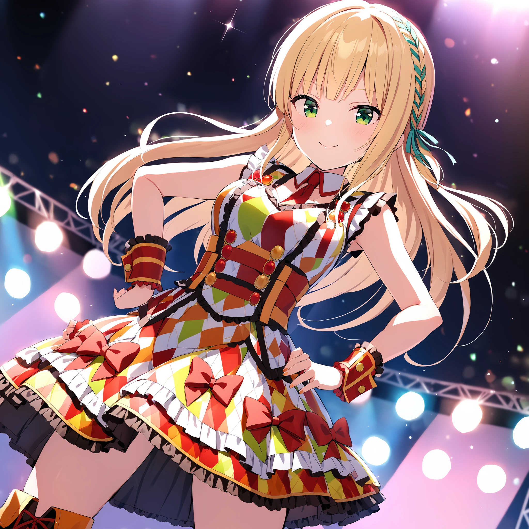masterpiece,ichinoserei2,1girl,smile,idolypride dress,idoly wrist cuffs,idoly hair ribbon,idoly kneeboots,solo,depth of field,<lora:IchinoseRei:0.78>,on stage,green eyes,hands_on_hips,