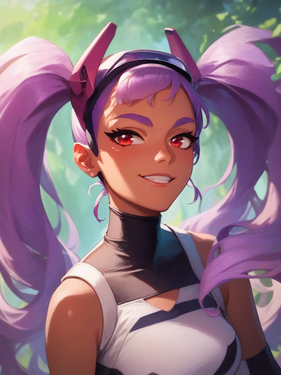 score_9_up, score_8_up, score_7_up, (CSR STYLE,) (masterpiece, perfectly detailed, detailed face, detailed eyes, beautiful eyes,) Entrapta, human, female , purple hair, red eyes, twintails \(hairstyle\), skintight clothing, tan skin