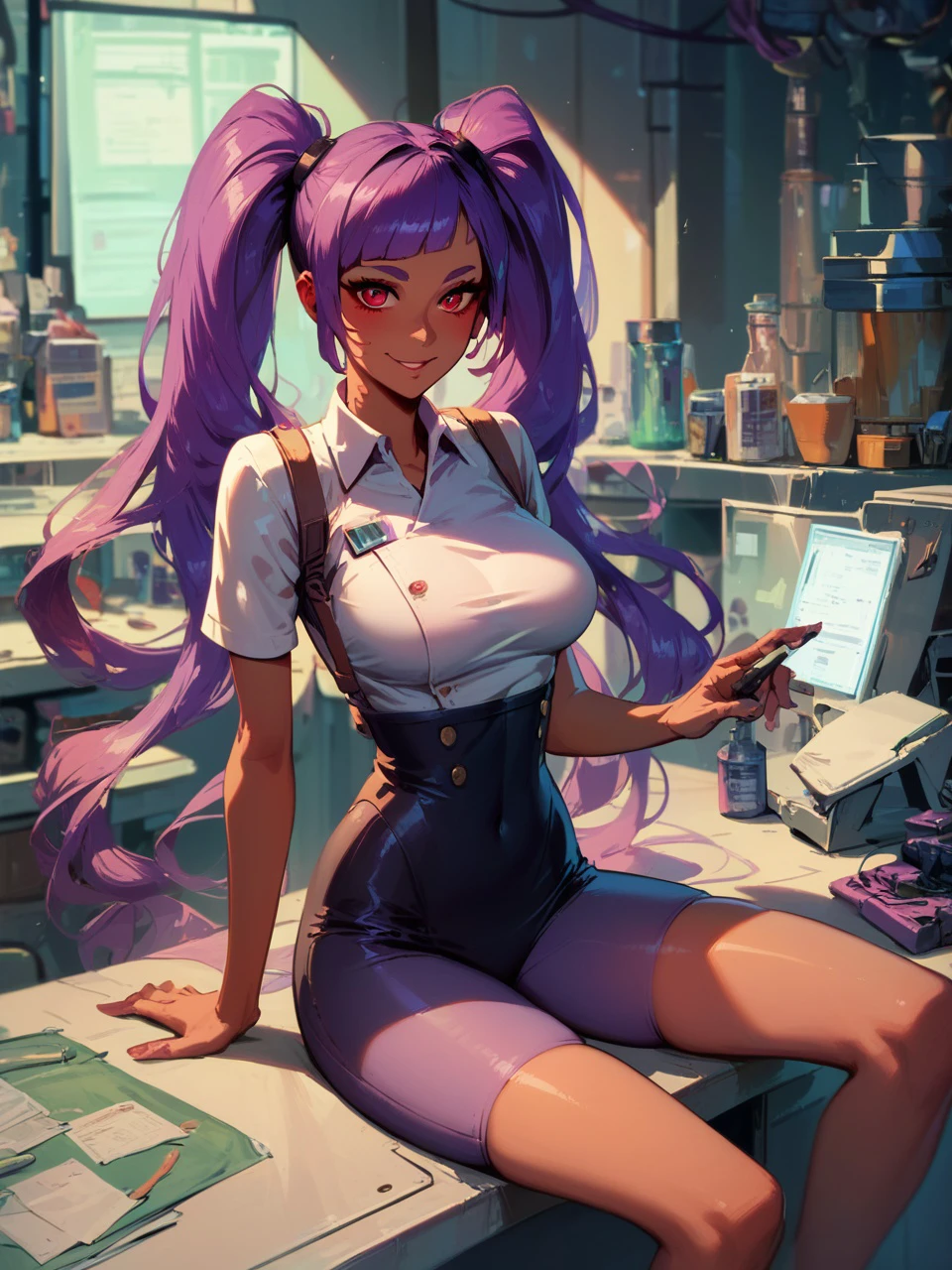 score_9_up, score_8_up, score_7_up, ((masterpiece, perfectly detailed, detailed face, detailed eyes, beautiful eyes,) (Entrapta, human, female , purple hair, red eyes, twintails \(hairstyle\), skintight clothing, tan skin,) (sitting in a science lab,)