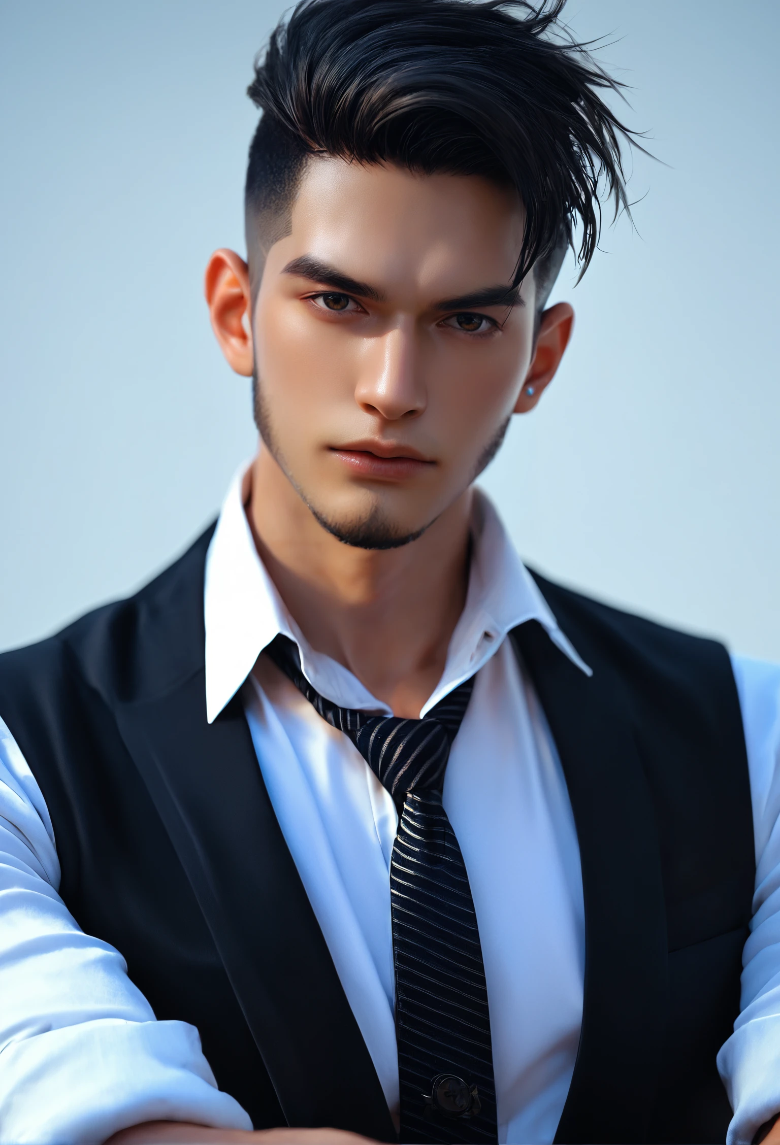 score_9, score_8_up, score_7_up, i want the whole image to be created in 3D anime style, solo, looking at viewer, simple background, shirt, black hair, 1boy, upper body, male focus, necktie, collared shirt, vest, facial hair, sleeves rolled up, realistic, manly, undercut