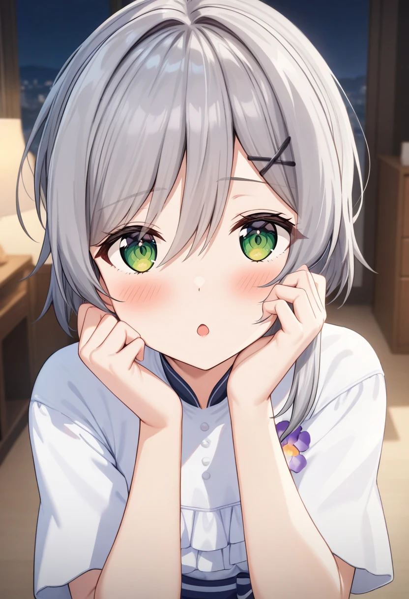 Yuika21,looking at viewer,blue skirt,blush,adore,shadow,adore,:o,
night,room,close-up,upper body,hands on own face,
<lora:Yuika:1>,, cinematic light,masterpiece,best quality,very aesthetic,absurdres,incredibly absurdres,<lora:add_detail:1>,