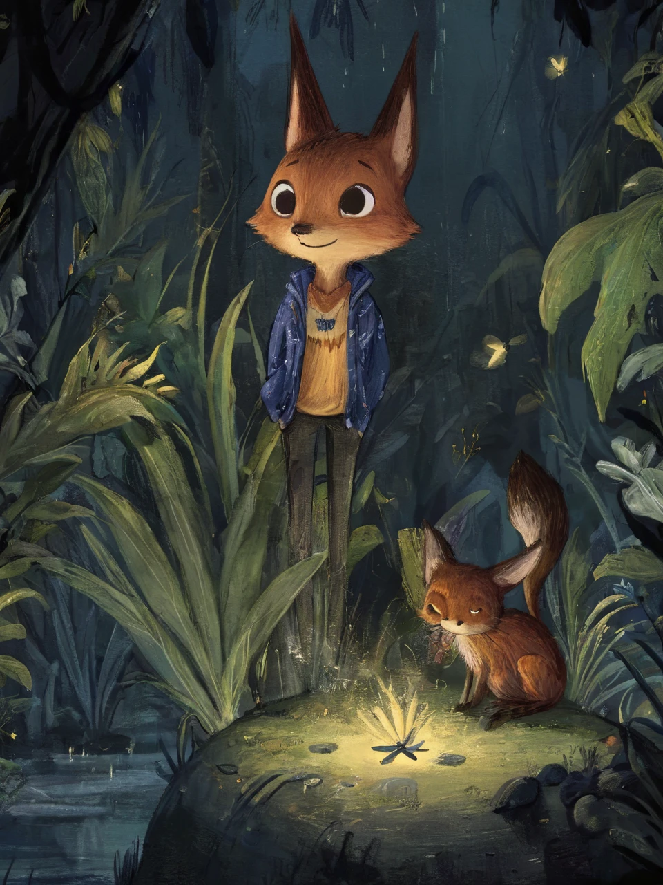 (by Homogenousrule, by Wildering, by Foxovh, by Catcouch),
solo (((nick wilde)) blue hawaii floral shirt with jeans),
(standing, three-quarter portrait, three-quarter view, looking at viewer:1.25),
BREAK
(jungle, river, rock, firefly, night, glowing),
(detailed background, depth of field, ambient silhouette, backlighting),
masterpiece,best quality,4k,2k,(intricate:0.9),(high detail, shaded, realistic:1.25),absurd res,<lora:é²åä¸æ´¾@SDXLå¿ç«¥ç»æ¬:1>,Children's picture books,