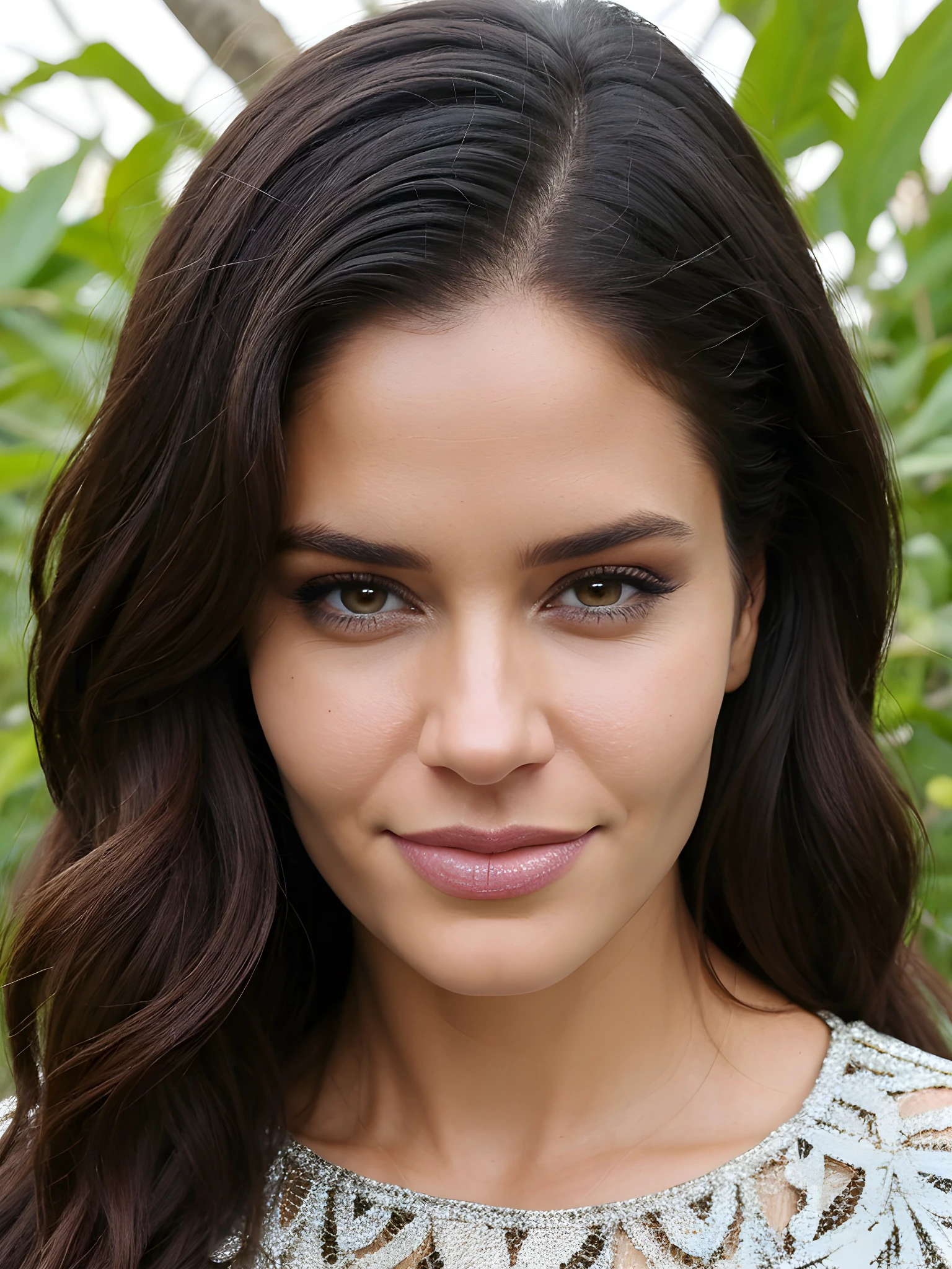 close-up photo of M3rc3d3sM4s0hn_V1-Emb , makeup, mascara, eyeshadow, in the middle of a jungle, 8k uhd, high quality, dramatic, dramatic lighting, realistic , lifelike texture