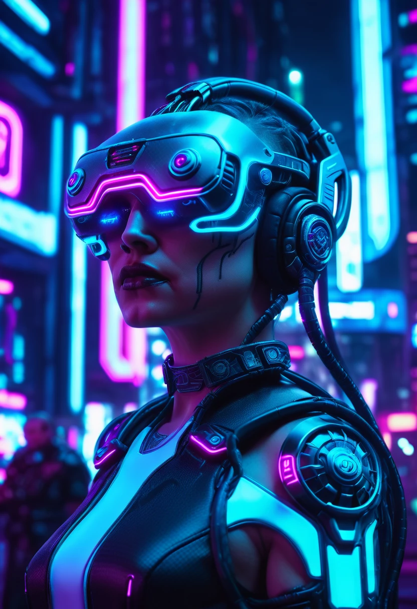cinematic film still cyberpunk, concept art, cyborg small Female Angel, big headset, background is night city, neon-lit, Vivid, neon hue, shadowrun, shallow depth of field, vignette, highly detailed, high budget Hollywood film, cinemascope, moody, epic, gorgeous,