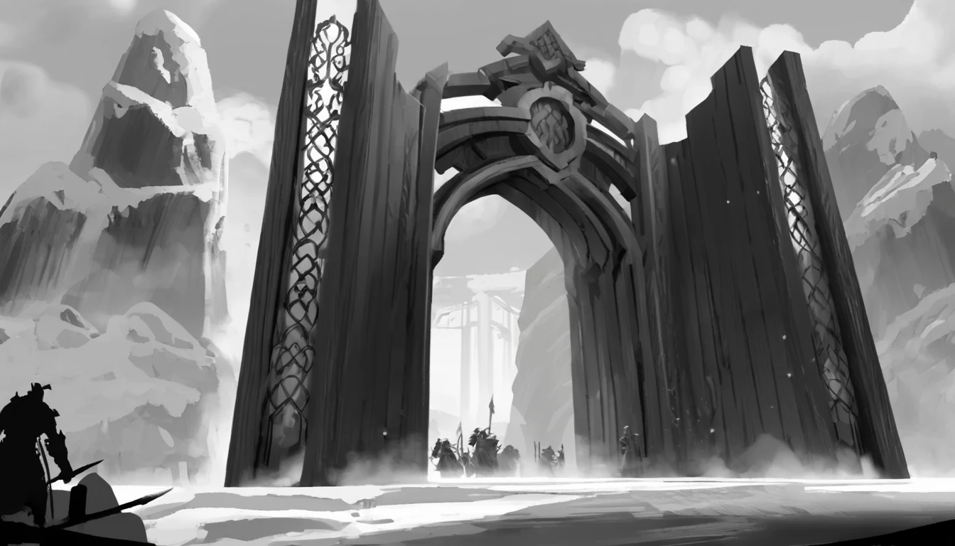 <lora:lor_concept_art_style:0.8> lor concept art, giant gates with massive wooden doors