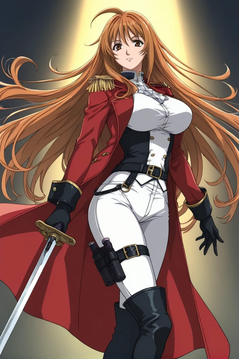 best quality,masterpiece,looking at viewer,absurdres,1girl,score_9,score_8_up,score_7_up,source_anime BREAK <lora:016-天ä¸å¤©ä¸-æ£äºå¤XLV1:0.8>,natsume aya,orange hair,long hair,brown eyes,ahoge,breasts,large breasts,1girl,belt,black belt,black footwear,black gloves,bodysuit,boots,breasts,buckle,coat,cowboy shot,epaulettes,fringe trim,gloves,holding,holding sword,holding weapon,large breasts,long sleeves,military,military uniform,pants,parted lips,red coat,ringlets,sidelocks,sword,taut clothes,thigh belt,thigh boots,thigh strap,tight clothes,tight pants,underbust,uniform,unsheathed,weapon,white bodysuit,white pants,,