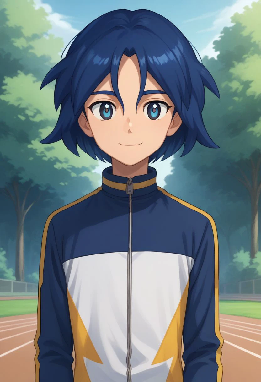 score_9, score_8_up, source_anime, highly detailed, 1boy, solo, male_focus, slender, skinny,
hikaru, 1boy, male focus, solo, blue hair, blue eyes, jacket, smile, closed mouth, track jacket, upper body,
outdoor,