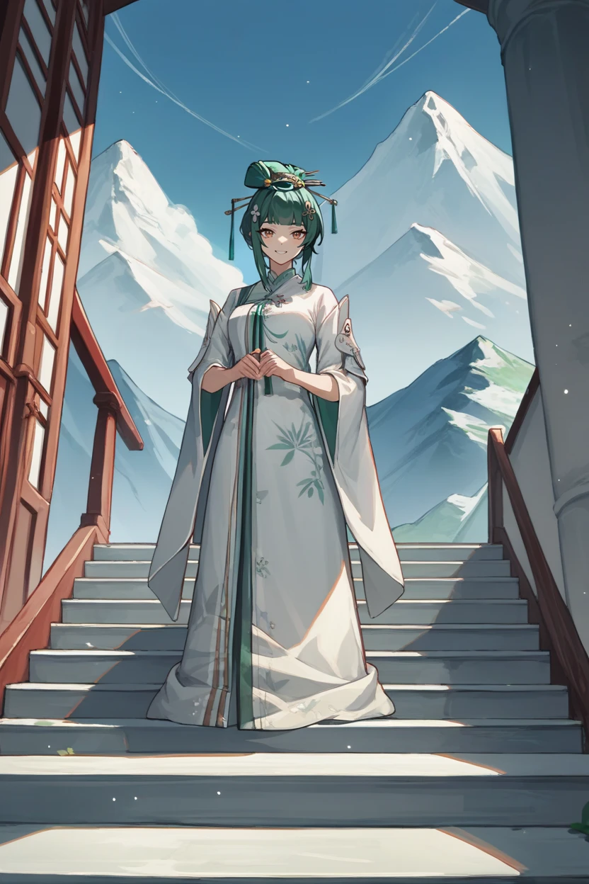 score_9, score_8_up, score_7_up, score_6_up, source_anime BREAK 1girl, solo <lora:hanying-pdxl-nvwls-v1-000006:0.8> hanying, green hair, single hair bun, hair stick, hair ornament, white robes, long robes, blue sky, looking at you, smile, mountain, stairs