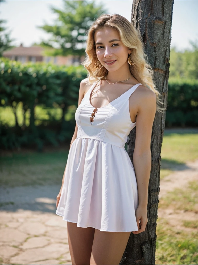 Realistic photo of a beautiful n4t4l144 woman,1girl, solo, long hair, looking at viewer, smile, (((blonde hair))), dress, brown eyes, jewelry, standing, earrings, sleeveless, dark skin, bag, white dress, dark-skinned female, cup, halterneck, short dress, sandals, handbag, professional Photography, Photorealistic, detailed, RAW, analog, sharp focus, high quality, film grain<lora:n4t4l144:1.0>