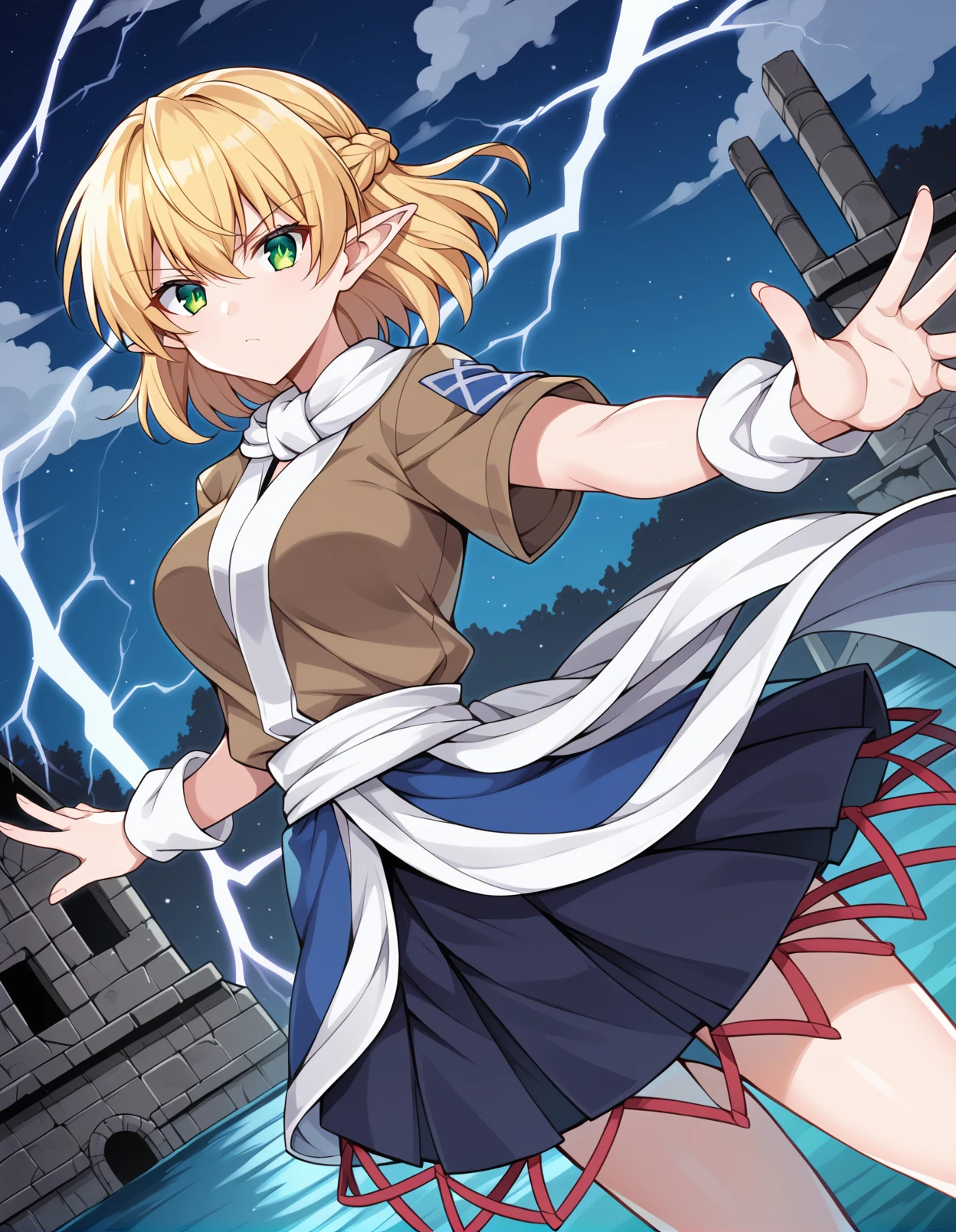 score_9, score_8_up, score_7_up, source_anime, rating_safe, BREAK <lora:mizuhashi_parseeXL_LoRA-C3Lier_AdamW_Dim8_Alpha8_UN-3e-4_TE-1.5e-4_10batch_ponyDiffusionV6XL_v6StartWithThisOne:1>, mizuhashi parsee, 1girl, blonde hair, short hair, braid, pointy ears, green eyes, medium breasts, brown jacket, short sleeves, black shirt, white scarf, white arm warmers, white sash, multicolored clothes, layered skirt, black skirt, glowing eyes, serious, reaching towards viewer, arched back, dutch angle, danmaku, aura, wind, lightning, bridge, dark, river, night, night sky, cloud, ruins