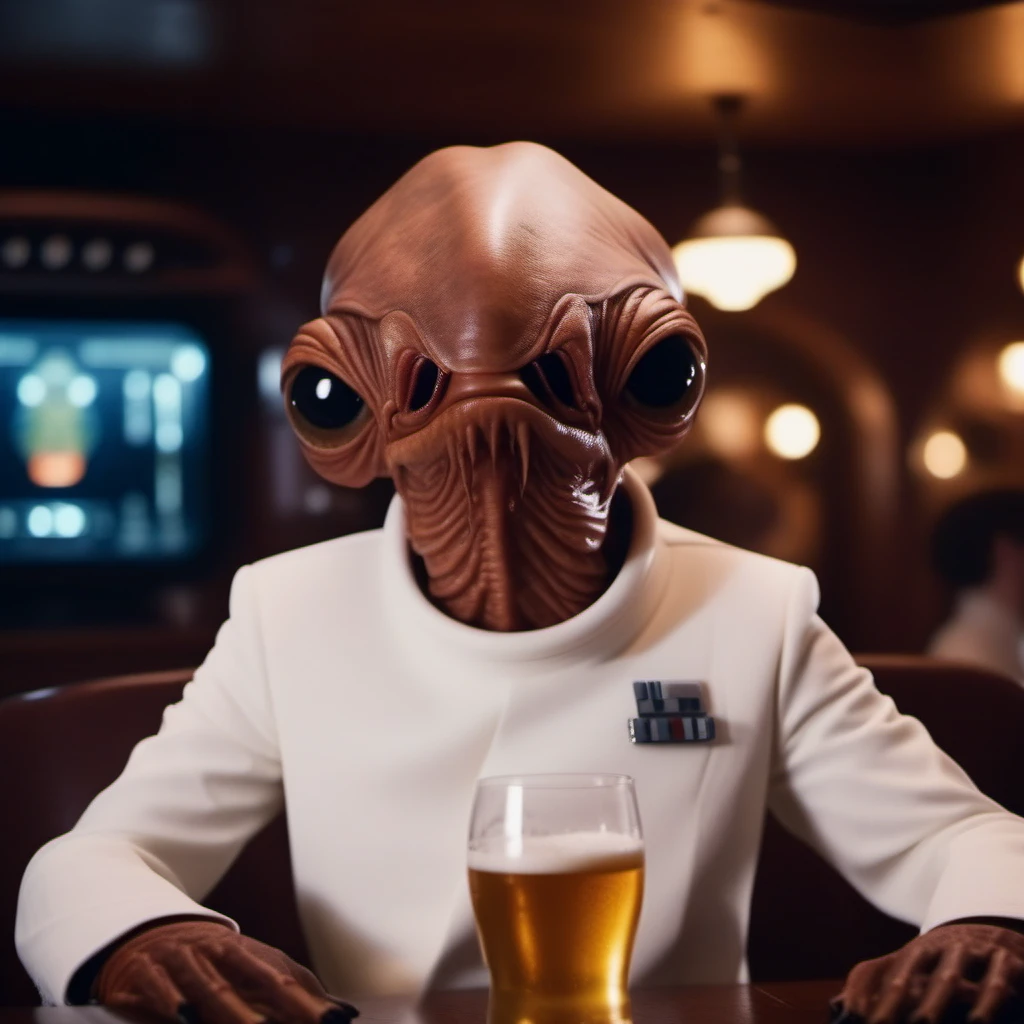 cinematic photo an alien with a strange looking face, star wars, white suit, having a beer in a pub <lora:AmiralAckbar1024:0.8> . 35mm photograph, film, bokeh, professional, 4k, highly detailed