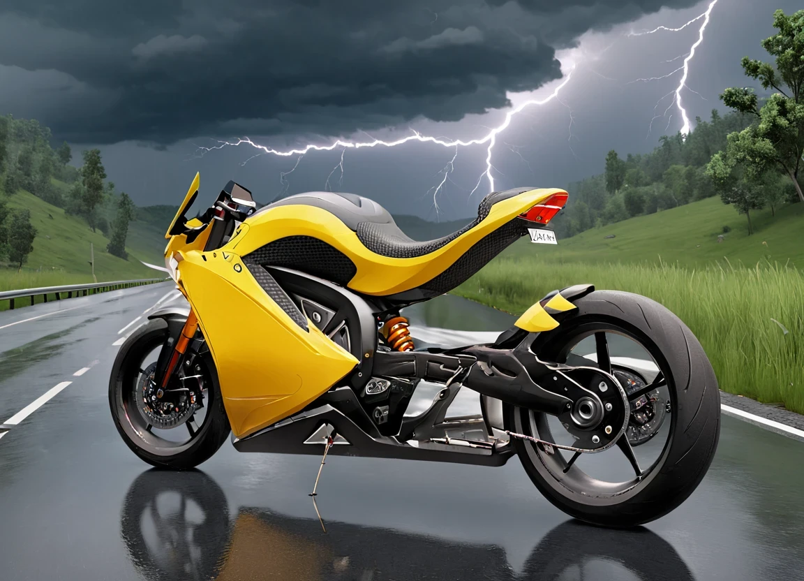 obc06 Motorcycle <lora:06_vehicle_obc06:1.0> on a road,
outside, cozy,
nature at background, professional, realistic, high quality,
Scattered thunderstorms and rain, <lora:general_vehicle:-0.20>
