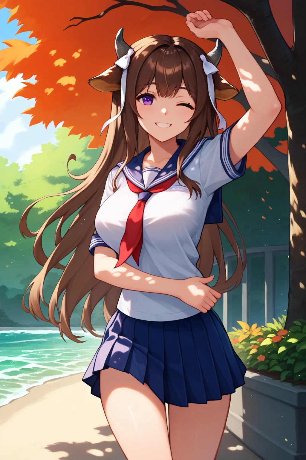 score_9_up,score_8_up,score_7_up,score_6_up,source_anime, KAL, brown hair, purple eyes, cow ears, cow horns, cow girl, large breasts, school uniform, serafuku, smile, one eye closed, wave, dappled sunlight, tree, outdoors, courtyard, one arm up, <lora:KashinoAzurLaneLora-XL-V1:1>