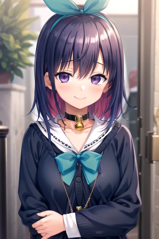 ((masterpiece)),(best quality),official art,extremely delicate and beautiful,extremely detailed CG,unity 8k wallpaper,ultra detailed,beautiful detailed eyes,extremely detailed face,outdoors,1girl,solo,upper body,(portrait:1.5),looking at viewer,facing viewer,smile,Kazanashi Toa,hairband,hair bow,aqua bow,medium hair,pink hair,purple hair,colored inner hair,multicolored hair,two-tone hair,gradient hair,hair ribbon,hair between eyes,bangs,purple eyes,collarbone,jewelry,black choker,necklace,neck bell,jingle bell,school uniform,white sailor collar,blue cardigan,buttons,black bowtie,long sleeves,sleeves past wrists,medium breasts,miniskirt,grey skirt,pleated skirt,thigh strap,black thighhighs,zettai ryouiki,ankle boots,black footwear,<lora:Kazanashi Toa(sdg2):0.8>,