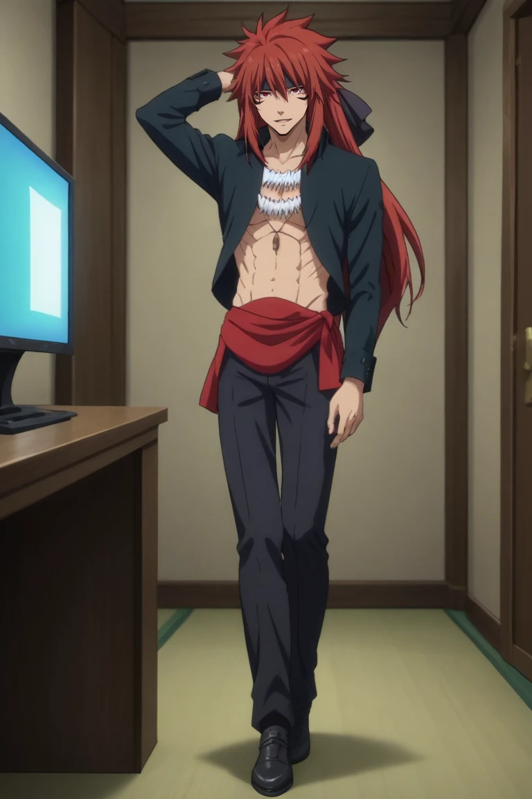 score_9, score_8_up, score_7_up, source_anime, rating_safe, , anime screencap, , official style, looking at viewer, , 1boy, solo, male focus, <lora:guy_crimson_pony:0.94>, guy_crimson, red hair, red eyes, long hair, facial mark, from afar, full body, bedroom, computer monitor, indoors, dark, arm up, laughing, conductor costume, <lora:sdxl_lightning_8step_lora:1>
