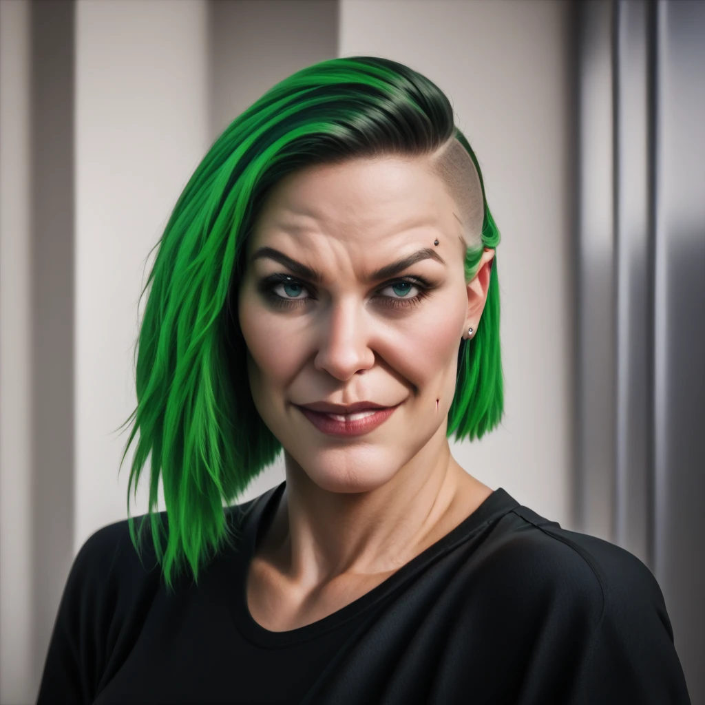 score_9, score_8_up, score_7_up, score_6_up, score_5_up, score_4_up, rating_safe,tpdne,photorealistic,realistic, hyperdetailed photography, soft light, portrait of a green haired woman with long shaved hair and facial piercings wearing a black shirt and smirking in a factory,indoors,upper body, <lora:ThisPersonDoesNotExistPony:1>