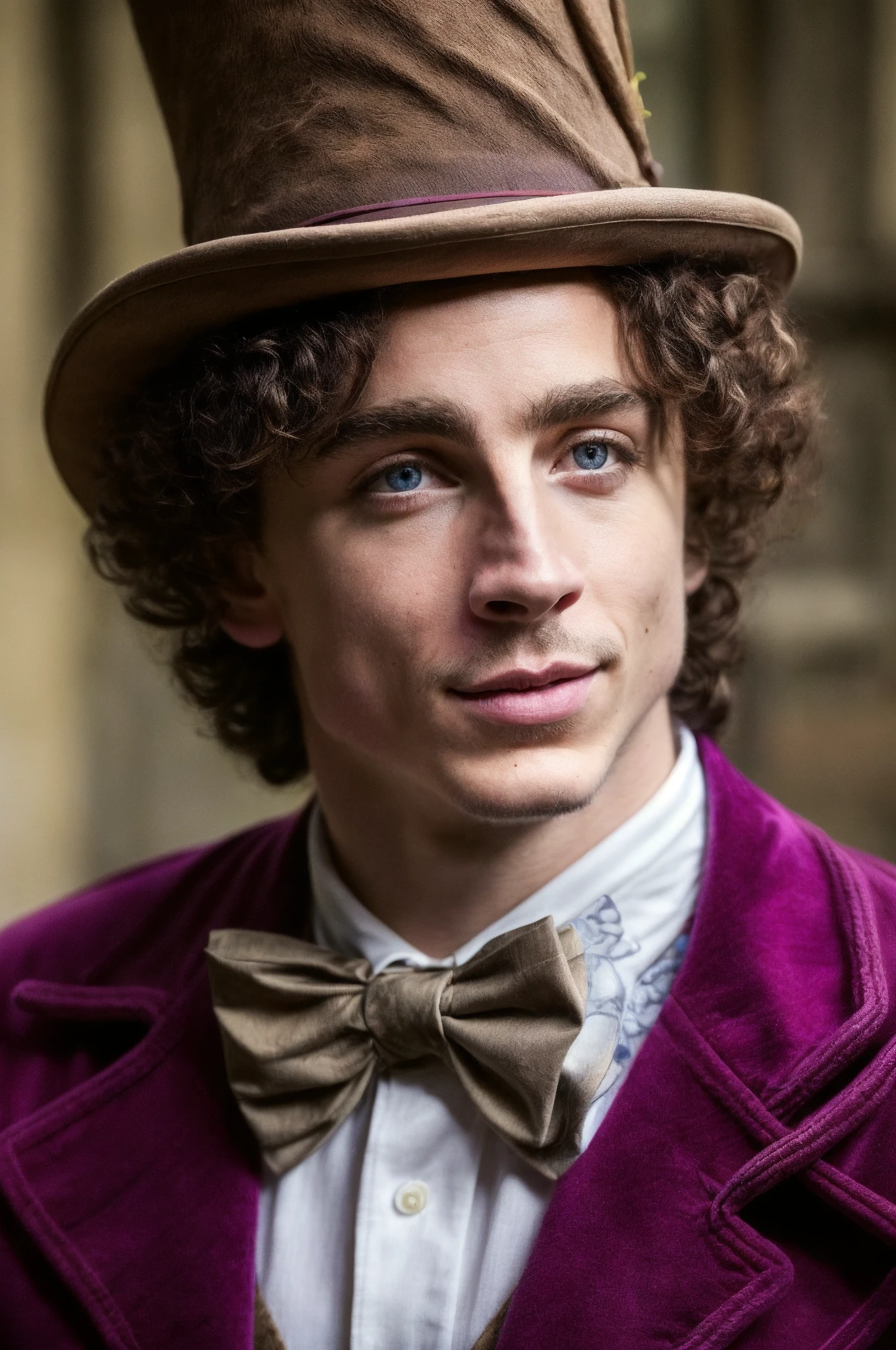 solo, face shot, portrait, looking at viewer, perfecteyes, Wonka, the mad hatter is wearing a purple jacket and bow tie