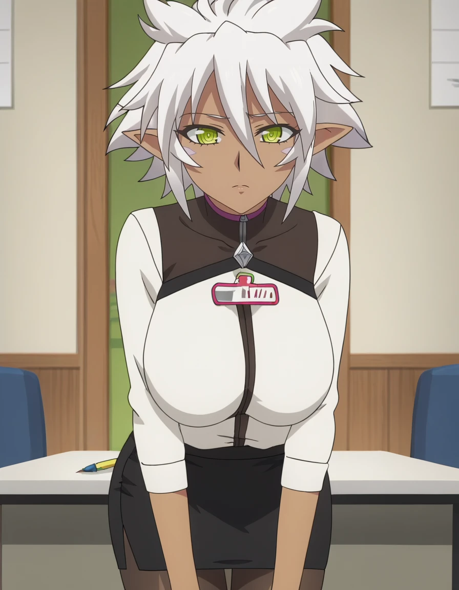 1girl,anime screencap,solo,
 <lora:Zest_16XL:0.8> zest, white hair, dark-skinned female, short hair, pointy ears, green eyes, large breasts,
bussiness suit,white shirt,pencil skirt,pantyhose,nametag,
indoors,