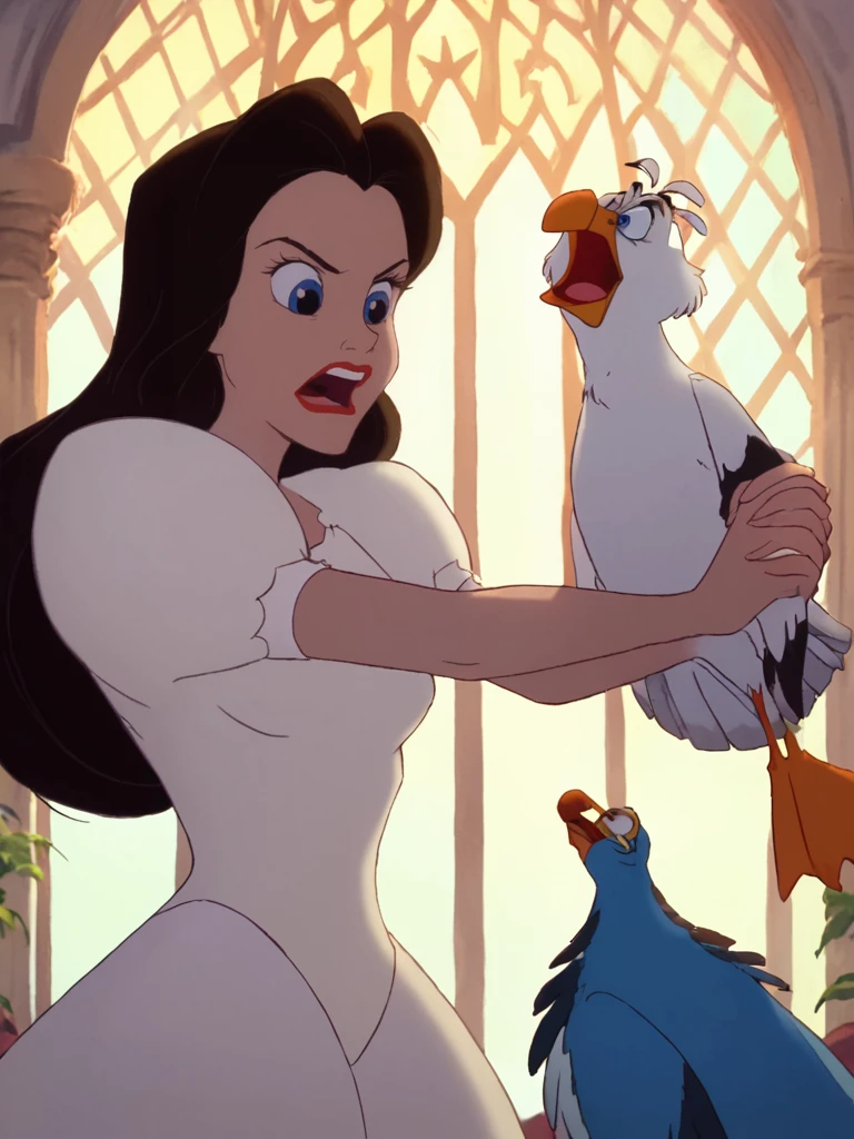 score_9, score_8_up, score_8, score_7_up, volumetric lighting, ursula human, 1girl, long hair, open mouth, blue eyes, black hair, white dress, makeup, bird, parody, lipstick, red lips, holding animal, <lora:littlem_pony_v1:0.9>