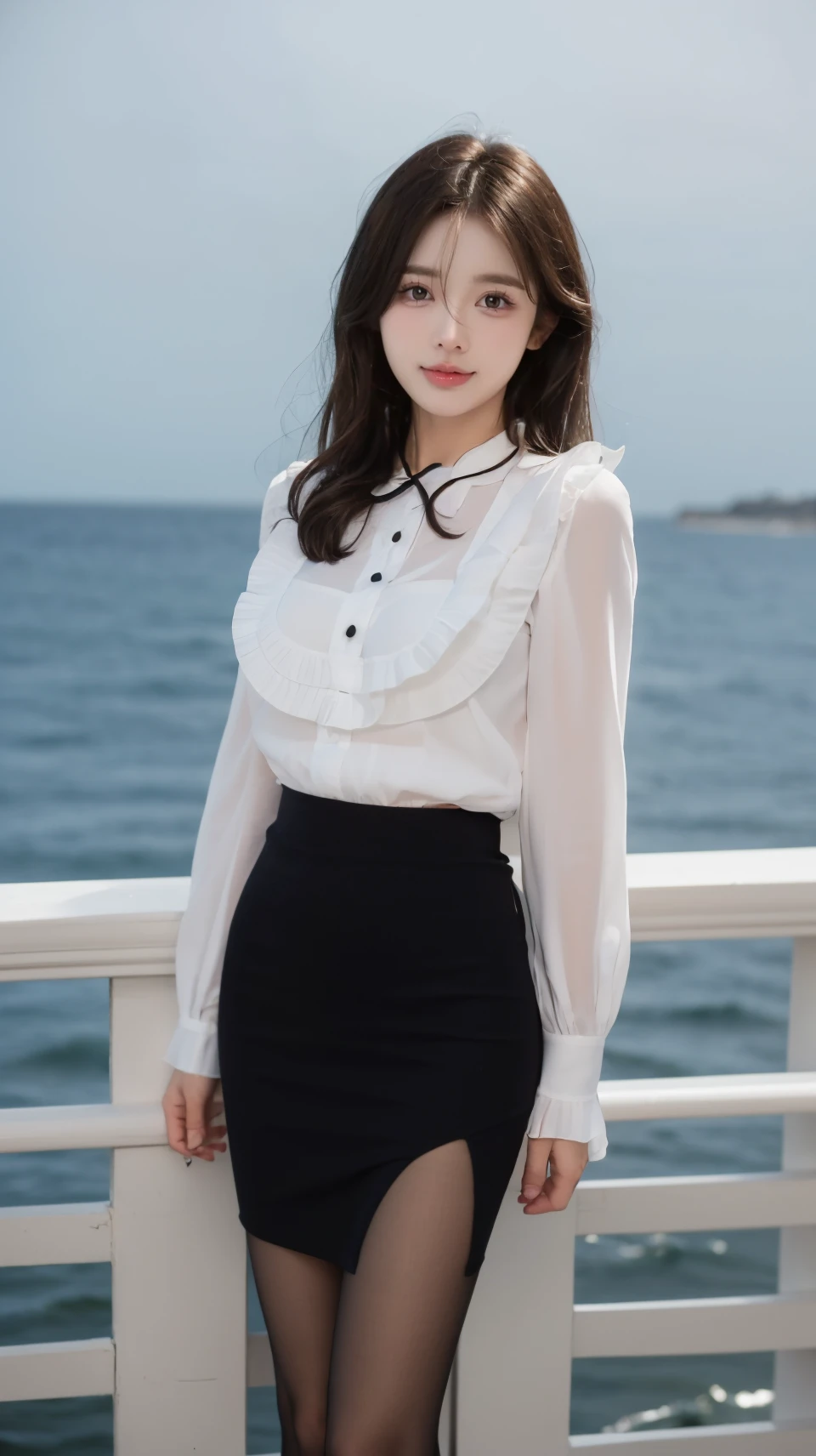 (masterpiece, best quality:1.2),bright colors,solo,photo_,(1girl:1.3),(standing:1.3),(looking at viewer:1.4),Elegant,detailed gorgeous face,(cowboy shot:1.1),realistic,seaside background,,MIS,pencil skirt,shirt,thighhighs,frills,<lora:MIS64:0.75>