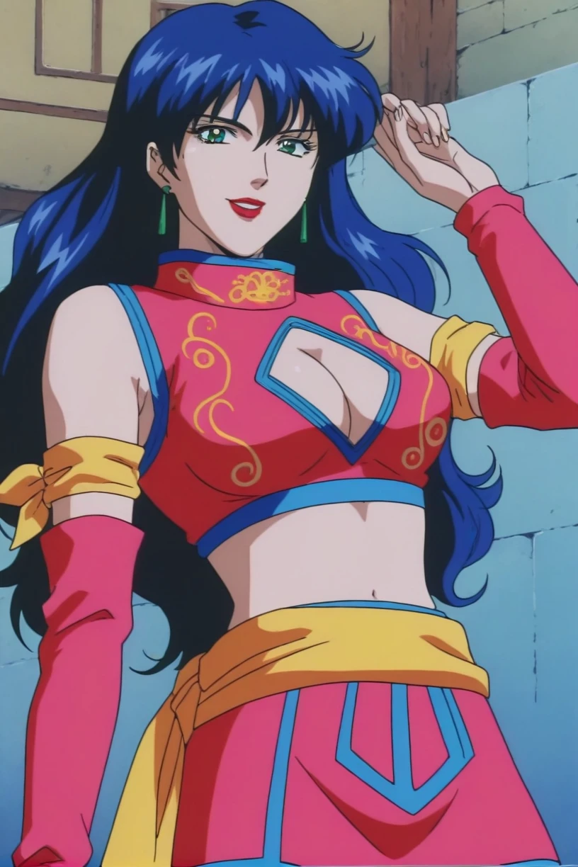 best quality,masterpiece,looking at viewer,absurdres,1girl,score_9,score_8_up,score_7_up,source_anime BREAK <lora:022-ä¸åå°å½å®¶-åæ©XLV1:0.8>,retro artstyle,1990s \(style\),shan,blue hair,green eyes,long hair,shan,blue hair,green eyes,lipstick,long hair,red lips,earrings,makeup,crop top,chinese clothes,pink crop top,pink chinese clothes,bare shoulders,detached sleeves,arm strap,clothing cutout,cleavage cutout,skirt,pink skirt,cowboy shot,