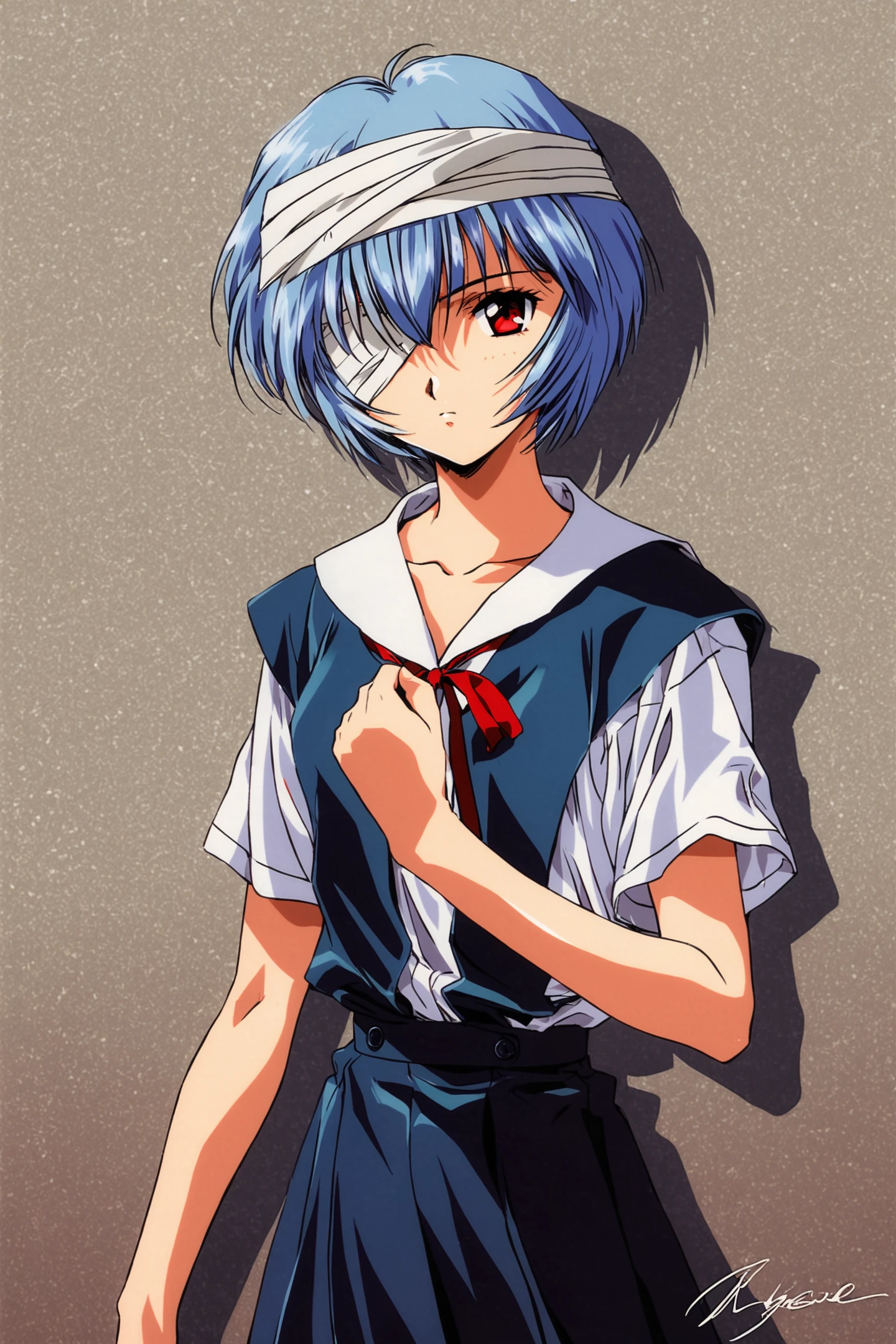 1girl,ayanami rei,short hair,blue hair,bandages,school uniform,solo,bandage over one eye,red eyes,ribbon,looking at viewer,tokyo-3 middle school uniform,shirt,short sleeves,closed mouth,neck ribbon,clenched hand,white shirt,cowboy shot,hand up,skirt,red ribbon,bandaged head,suspender skirt,expressionless,bangs,collarbone,signature,standing,bow,suspenders,arm at side,1990s \(style\),retro artstyle,<lora:Koh Kawarajima_XL:0.8>,