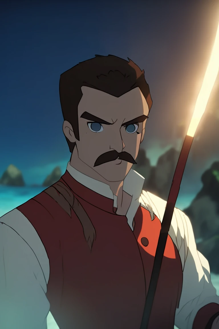 Holding a rapier an adult male pirate with long swept back brown hair, light blue eyes, stumbled facial hair, 1820s era white shirt and red vest, chest hair, holding a rapier, chest hair, 8k, cinematic lighting, island background
,Spec Style<lora:EMS-381670-EMS:1.000000>