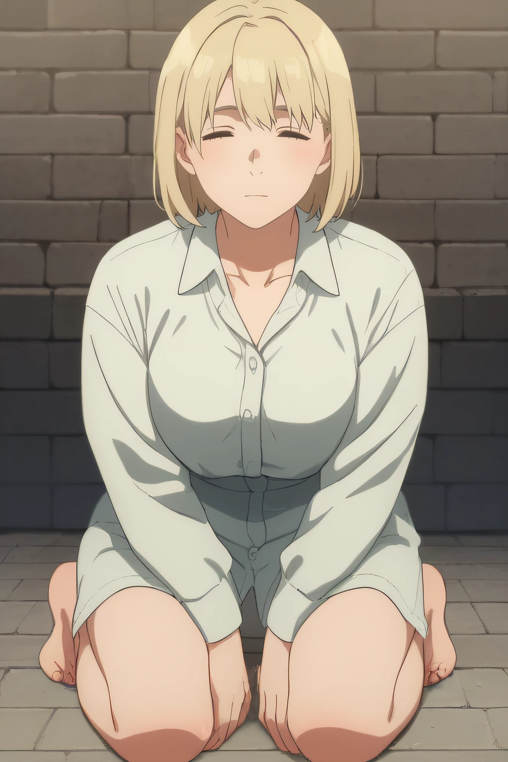 score_9, score_8_up, score_7_up, source_anime, rating_safe, intricate details, anime screencap, official style, 1girl, <lora:PONY_Falin_Touden_v2:1>, falin, closed eyes, medium hair, mature woman, medium breasts, brick wall background, frontal view, collared shirt, collarbone, kneeling, full body, barefeet, bare thighs, long shirt