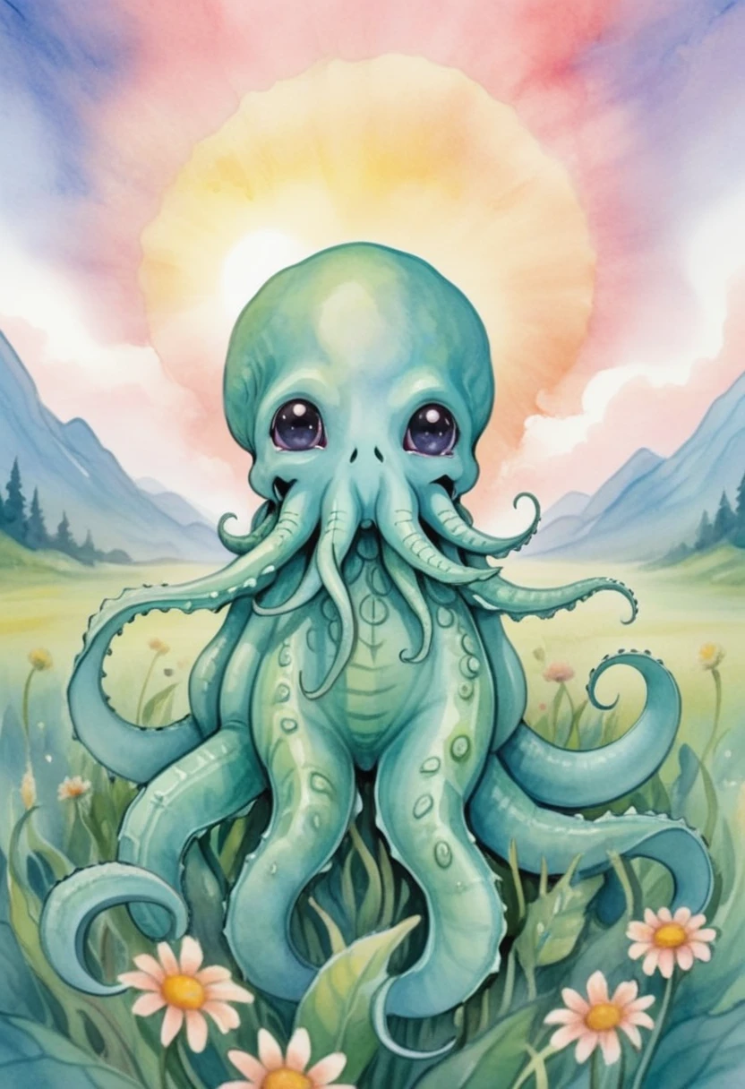 Abstract style art of cute cthulu, uwu, sunrise meadow, abstract watercolor, csw, (black eyes),<lora:CSW-Style-2-000017:0.8>, Non-representational, colors and shapes, expression of feelings, imaginative, highly detailed