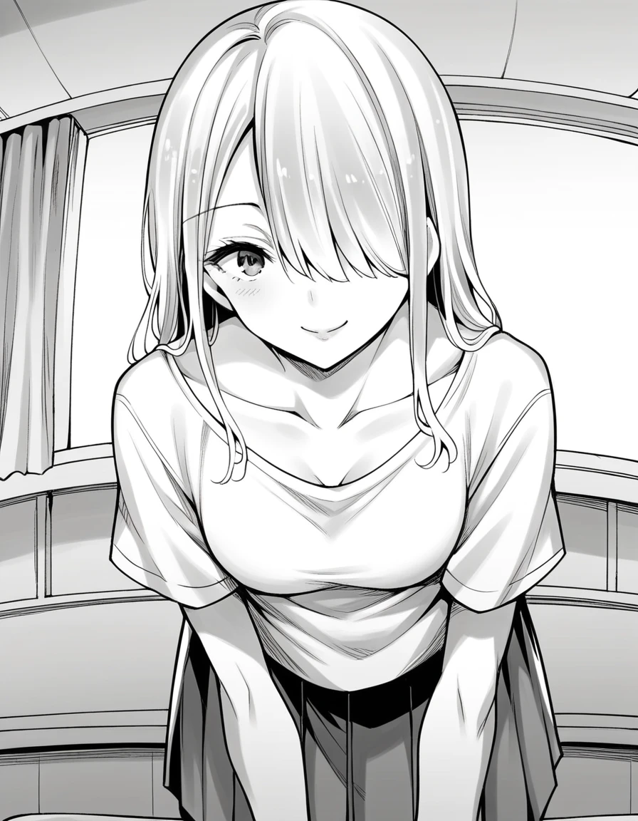 score_9, score_8_up, score_7_up, source_anime,
rumitakahashi, <lora:rumi-takahashi-manga-ponyxl-lora-nochekaiser:1>,
rumi takahashi, long hair, hair over one eye, monochrome, greyscale,
skirt, shirt, collarbone, short sleeves, pleated skirt,
indoors, bent over, smile,
looking at viewer, solo, cowboy shot, dutch angle,