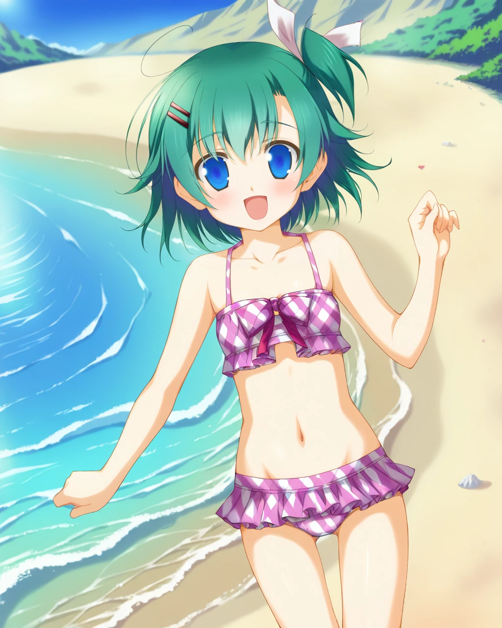 score_9, source_anime, <lora:irosekaclean-000064:1> toumine tsukasa, blue eyes, 1girl, green hair, one side up, short hair, red hairclip, white hair ribbon, small breasts, (striped frilled bikini), open mouth, smile, blush, solo, BREAK beach,