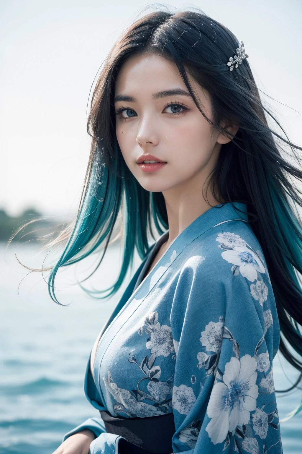 (best quality, masterpiece, colorful, highest detailed) upper body photo, fashion photography of cute (young cute french girl), floating blue hair, long hair, (water:0.7), waterdrop, wet, high detailed blue kimono texture, intricate pattern, ultra detailed, (textured clothing), (ultra-detailed body), (light smile:0.3), softlight passing through hair, (monochromatic bokeh background), (dynamic angle), (intricate details), (dynamic angle)