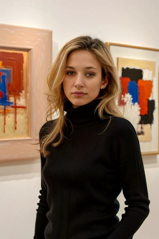 A blond woman with a playful smirk stands near the camera, striking a bold pose in front of Andy Warhol’s “Marilyn Diptych.” She’s dressed in a mod-style mini dress with geometric patterns in bold, contrasting colors. Her hair is styled in a sleek bob with bangs, and she’s wearing white knee-high boots. Her accessories include large, statement earrings and a patent leather handbag. Her striking, pop art-inspired outfit perfectly complements the modern art around her, adding to the dynamic, contemporary energy of the Museum of Modern Art.
The Museum of Modern Art (MoMA) in the 1960s is a beacon of contemporary art, filled with groundbreaking works that challenge traditional ideas and push the boundaries of creativity. The minimalist, white-walled galleries provide a clean backdrop for the bold colors and abstract forms of the art on display. The atmosphere is one of excitement and innovation, with visitors eager to experience the latest in modern art. The woman’s interaction with the art, her confident pose and mod outfit, embodies the cutting-edge, youthful energy of the time, making her a part of the artwork itself.
Objects and Items: Pop art paintings, abstract sculptures, gallery benches, museum brochures, information plaques, artist’s sketches, display cases, modern sculptures, velvet ropes, museum lighting, museum shop items, museum posters, postcards, framed prints, museum maps, exhibition catalogues, contemporary art books, museum signage, gallery directories, exhibition flyers, audio guides, neon signs, museum visitors with cameras, curator’s notes, museum gift shop, framed photographs, wall-mounted plaques, art installations, security cameras, glass display cases, gallery signage, museum visitors with notebooks, modern sculptures, exhibit barriers, art posters, artist’s tools, stainless steel sculptures, museum flyers, gallery windows, museum catalogues, museum membership cards, gallery doors, framed sketches, museum directories, museum merchandise.